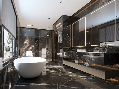 Modern Luxury Bathroom Interior With Marble Walls Freestanding Bathtub Double Vanity And Backlit Mirrors 3d model