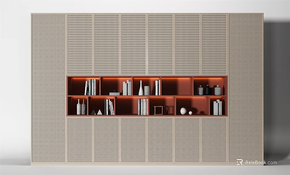 Modern Decorative Cabinet With Grille Design And Books Vases Inside 3d model 