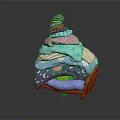 Colorful Stacked Hats With Star Moon Striped Patterns On Wooden Shelf Dark Background