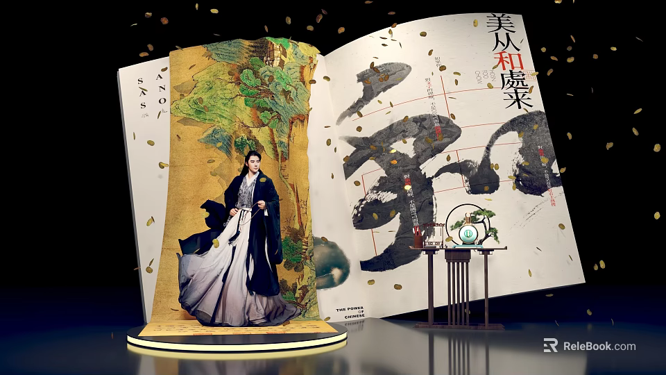 Traditional Costume Beauty Near Open Ancient Book With Private Dishes And Falling Leaves 3d model 
