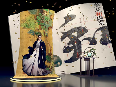 Traditional Costume Beauty Near Open Ancient Book With Private Dishes And Falling Leaves 3d model
