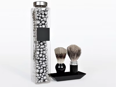 Men's Grooming Kit With Transparent Container Silver Beads And Shaving Brushes On Black Tray 3d model
