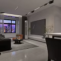 Modern Living And Dining Room With Black Sofa Orange Armchair Large TV City Night View