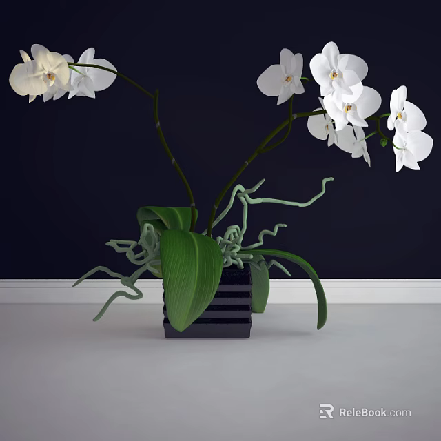 Bonsai Potted Plant With White Orchids Green Leaves And Black Square Pot 3d model 