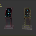 Upright Digital Information Kiosks With Blue Glowing Borders And Screens Displaying Blue Interfaces And Icons