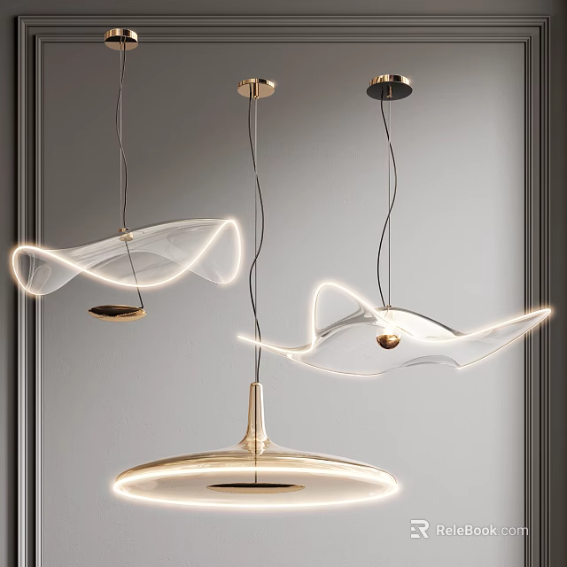 Modern Illuminated Pendant Lights With Curved Transparent Glass And Golden Metal Details 3d model 