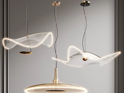Modern Illuminated Pendant Lights With Curved Transparent Glass And Golden Metal Details 3d model