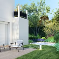 Modern Courtyard Garden With Metal Gate White Wall Green Trees And Black Car