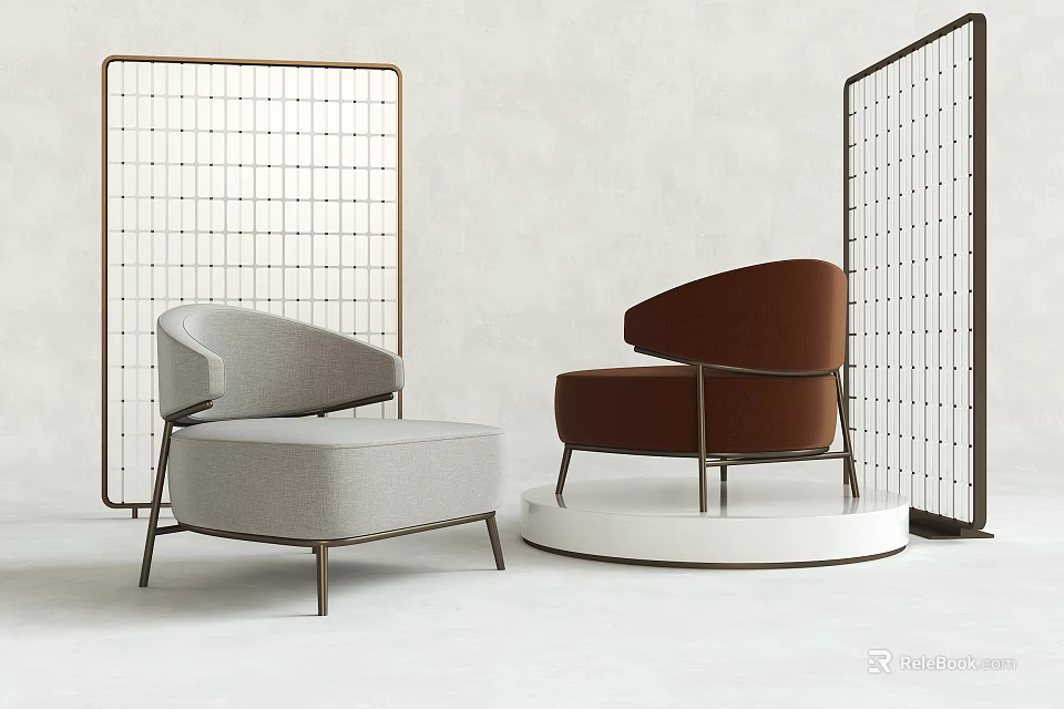 Gray And Brown Leisure Chairs With Metal Frames And Grid Patterned Screens 3d model