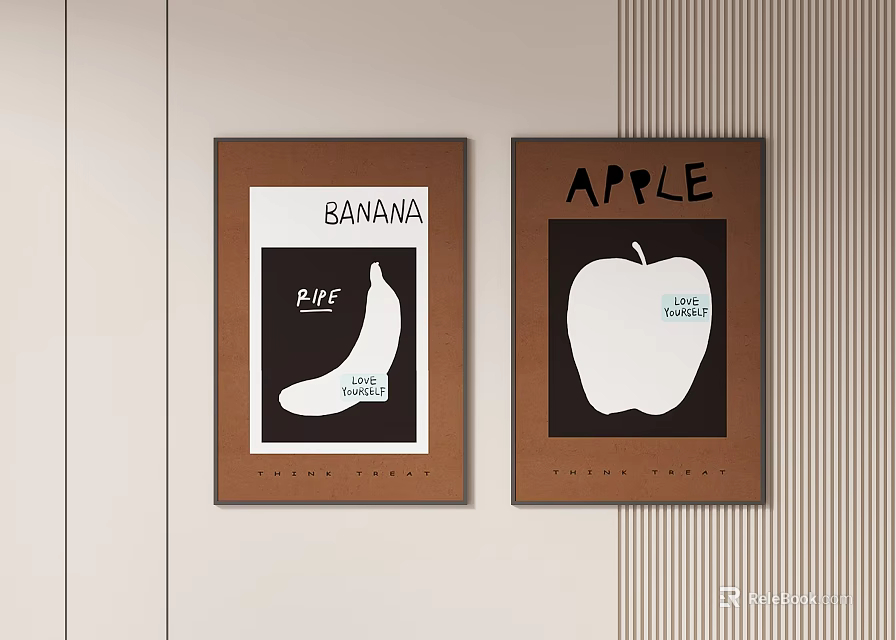 Abstract Paintings Featuring Banana And Apple With Pink White Elements Brown Frames On Beige Wall 3d model