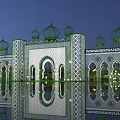 Ornate Stage With Green Domes Geometric Patterns Arched Doorways And Reflective Water Surface At Night