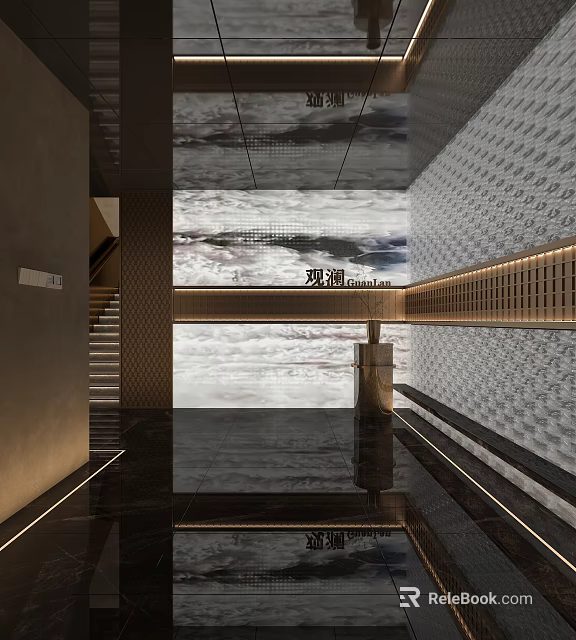 Modern Store Front Desk Design with Marble Wall Metal Accents and Elegant Lighting 3d model 