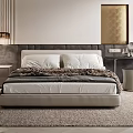 Modern Bedroom Interior Design With Striped Wall Headboard Golden Artwork And Herringbone Rug