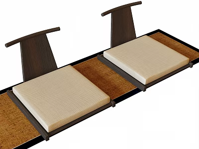 Two Stylish Leisure Chairs With Dark Wooden Backrests Beige Cushions And Woven Straw Base 3d model