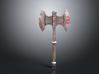 Vintage Double Bladed Metal Axe Weapon With Wooden Handle And Metal Accents 3d model