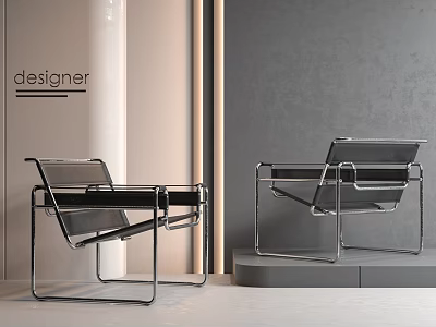 Two Modern Designer Lounge Chairs with Sleek Metal Frame in Minimalist Interior 3d model