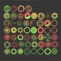 Golden Decorative Ornament Set with Circular Floral and Geometric Patterns on Grey Background with Reflections
