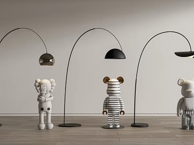 Arched Floor Lamps In Modern Living Room With Three Cartoon Figurines 3d model
