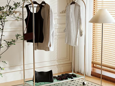 Metal Clothing Rack with Hanging Clothes Black Bag and Shoes on Tray Indoor 3d model