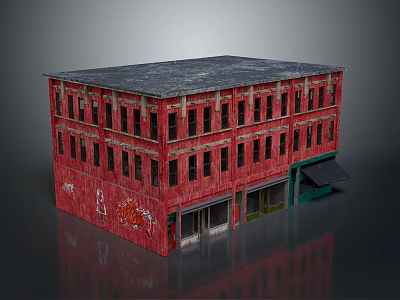 Red Ancient Building Featuring Multi story Windows Gray Roof Graffiti Green Doors And Black Awnings 3d model
