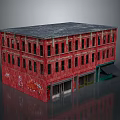 Red Ancient Building Featuring Multi story Windows Gray Roof Graffiti Green Doors And Black Awnings
