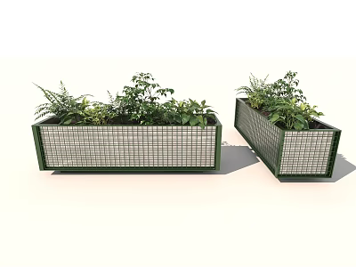 Decorative Outdoor Rectangular Garden Planters With Grid Design And Green Plants 3d model