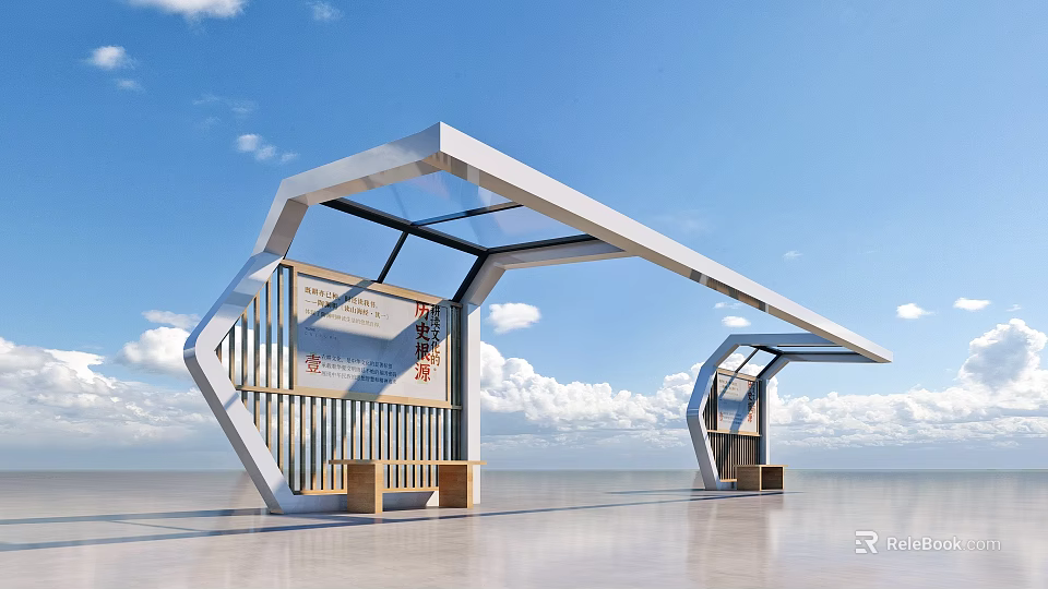 Modern Bus Shelter Design With Glass Canopy Wooden Benches And Information Board 3d model 