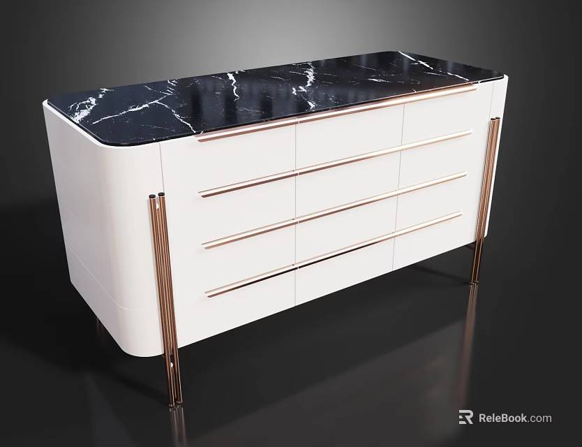 Modern Entryway Console Table With White Cabinet Black Marble Top And Gold Metal Legs 3d model 