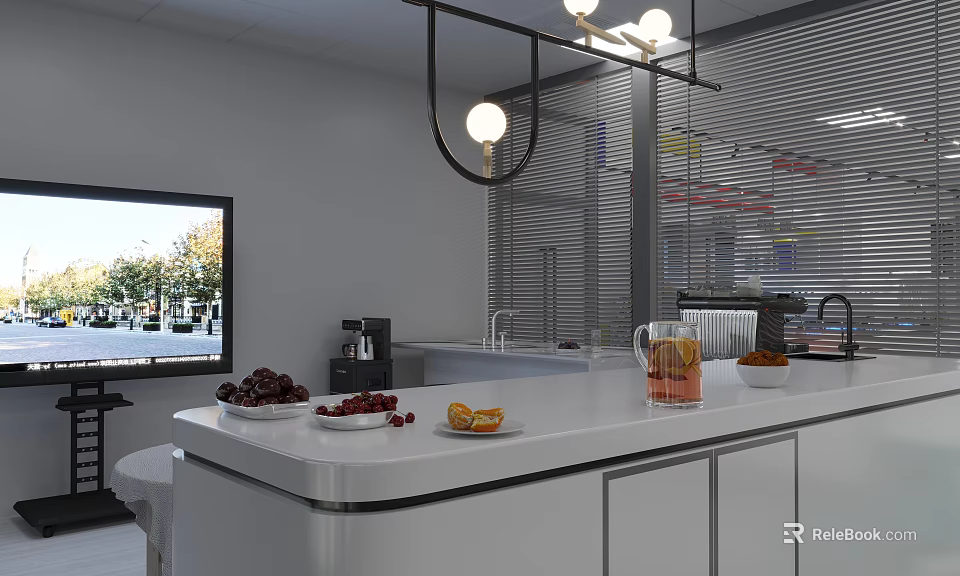 Modern Hotel Public Lounge Area with Chandelier TV Coffee Machine and Fruit Plates 3d model 