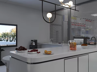 Modern Hotel Public Lounge Area with Chandelier TV Coffee Machine and Fruit Plates 3d model