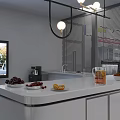 Modern Hotel Public Lounge Area with Chandelier TV Coffee Machine and Fruit Plates