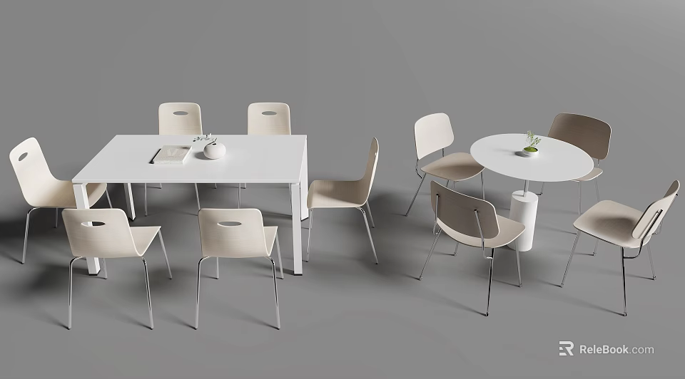 Modern Minimalist Meeting Table And Chairs With White Top Beige Seats Metal Legs 3d model 