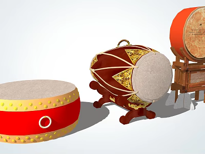 Traditional Chinese Musical Drums with Red Golden Decorative Designs and Various Sizes on Stand 3d model