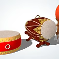 Traditional Chinese Musical Drums with Red Golden Decorative Designs and Various Sizes on Stand