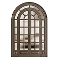 Dark Colored Swing Doors With Arched Top Glass Panes And Metal Handles
