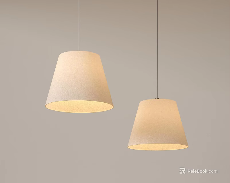 Two Modern Pendant Lights With White Fabric Shades Hanging From Ceiling 3d model