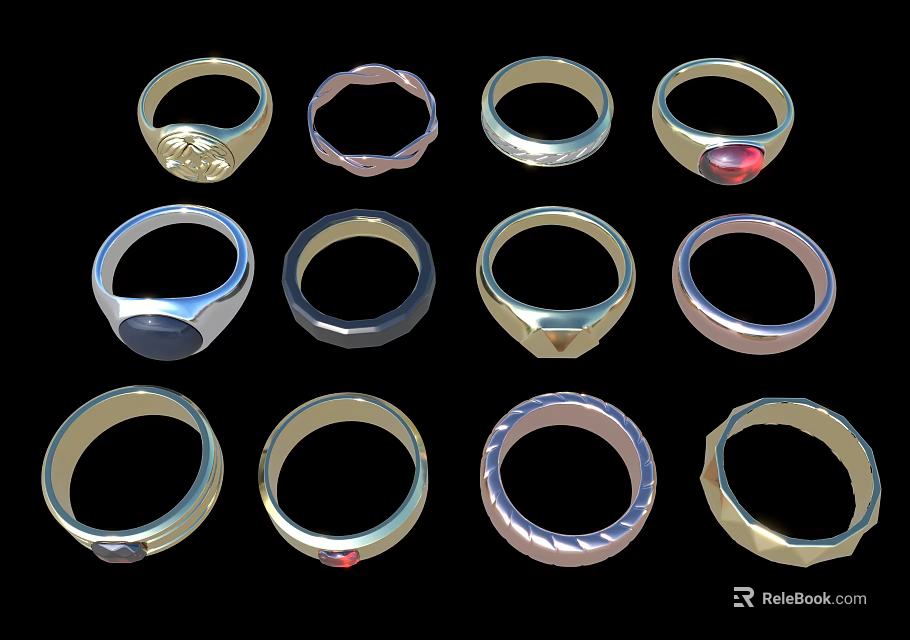 Diverse Designer Jewelry Rings With Various Styles Metallic Bands And Gemstone Accents 3d model 