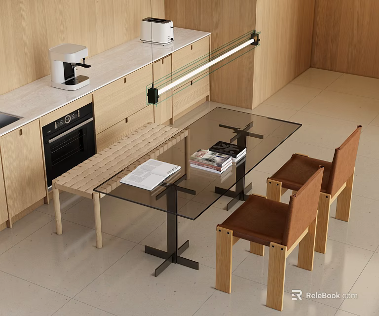Modern Dining Table Set With Glass Top And Wooden Chairs In Open Kitchen 3d model 