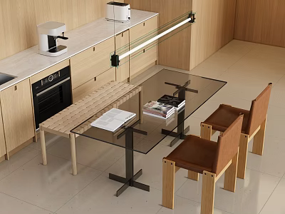 Modern Dining Table Set With Glass Top And Wooden Chairs In Open Kitchen 3d model