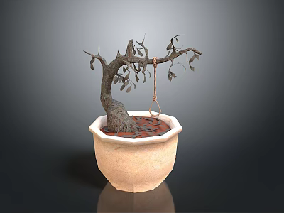 Bonsai Plant With Thin Trunk And Twisted Branches In Beige Octagonal Pot With Red Soil 3d model