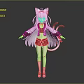Anime Style Character With Cat Ears Tail Purple Hair Blue Eyes Red White Outfit