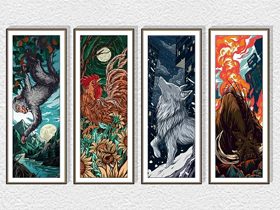 Colorful Animal Paintings Featuring Sloth Rooster Wolf Yak with Plants Sunflowers Night Scene and Flames 3d model