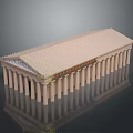 Cartoon Scene of Ancient Temple with Columns Pediment and Reflections on Dark Background