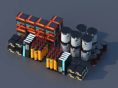 Industrial Equipment Supplies Featuring Storage Boxes Bottles And Metal Drums 3d model