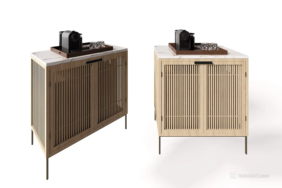 Two Minimalist Wooden Sideboards With Vertical Slat Doors And Marble Top Appliances 3d model 