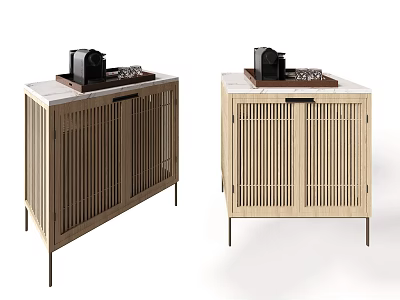 Two Minimalist Wooden Sideboards With Vertical Slat Doors And Marble Top Appliances 3d model