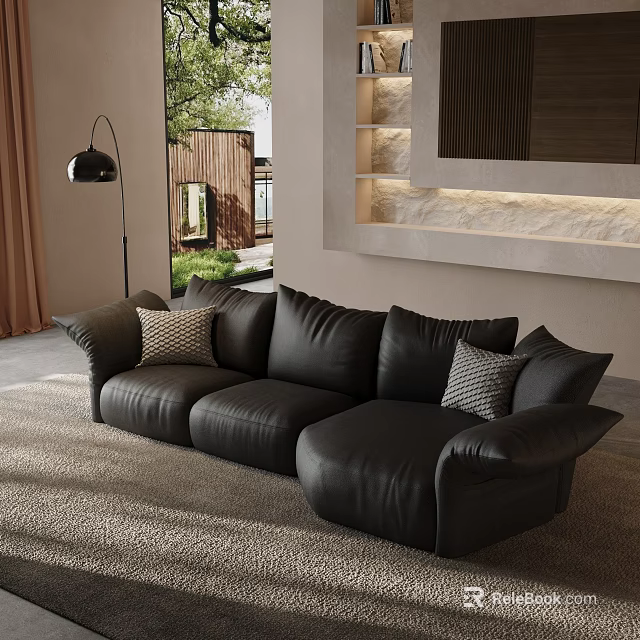Black Leather Sectional Sofa In Modern Interior With Pillows Floor Lamp And Soft Rug 3d model 