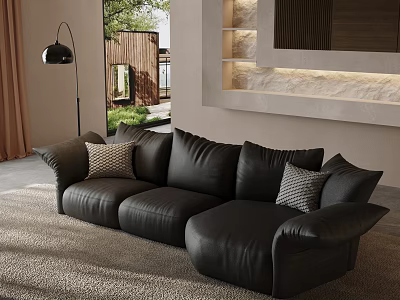 Black Leather Sectional Sofa In Modern Interior With Pillows Floor Lamp And Soft Rug 3d model