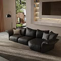 Black Leather Sectional Sofa In Modern Interior With Pillows Floor Lamp And Soft Rug