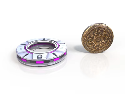 Two Decorative Components Silver Ring With Purple Glow And Golden Circular Patterned Element 3d model